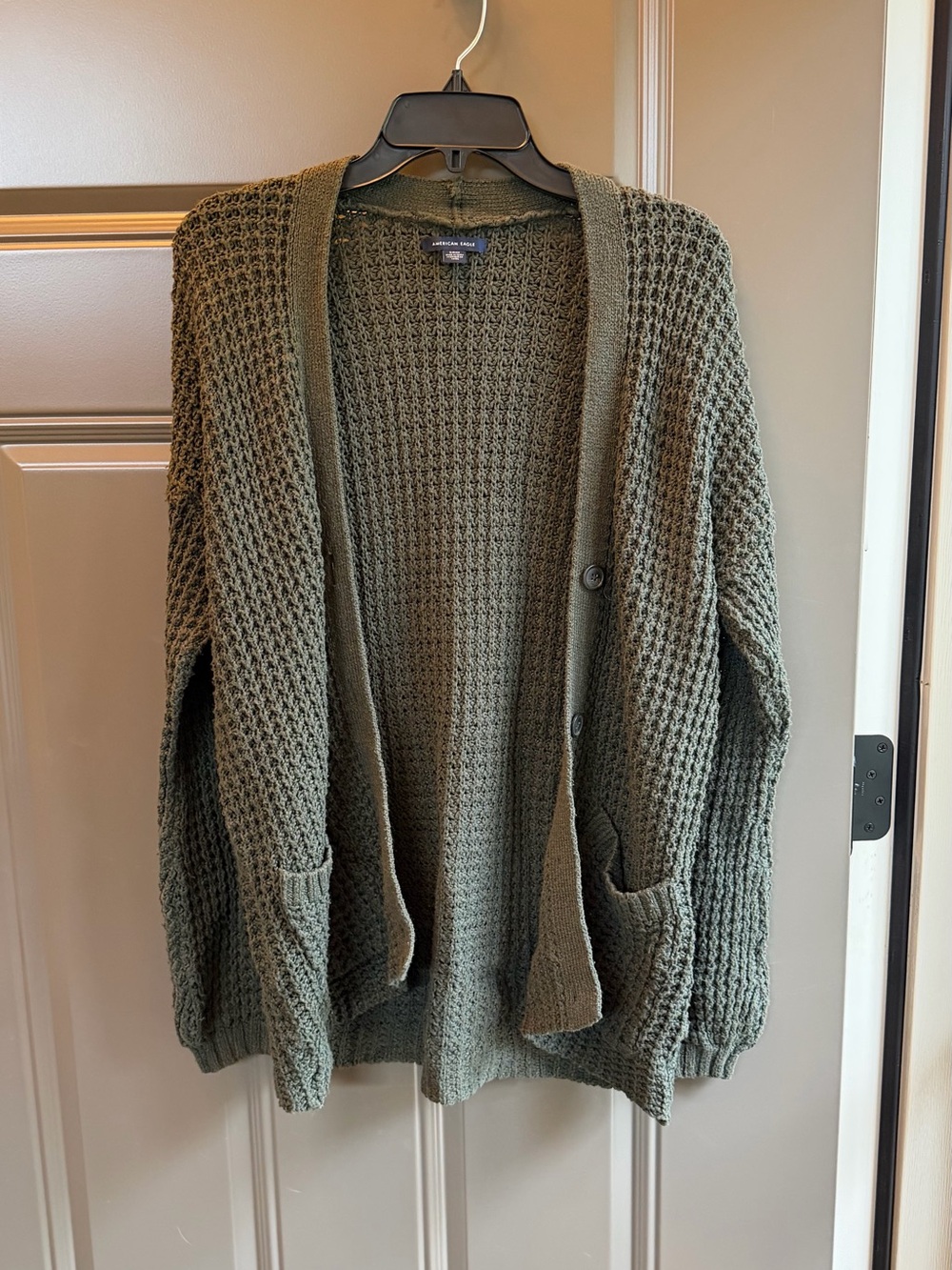 American Eagle Olive Green Chunky Waffle-Knit Open Cardigan, Size S